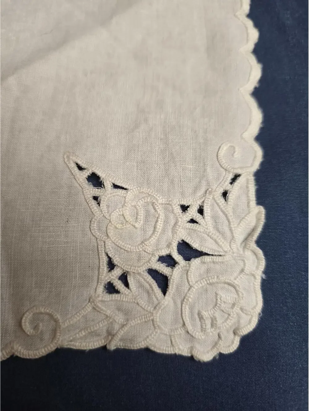 Vintage Set of 9 Embroidered White Linen Napkins with Floral Cutwork